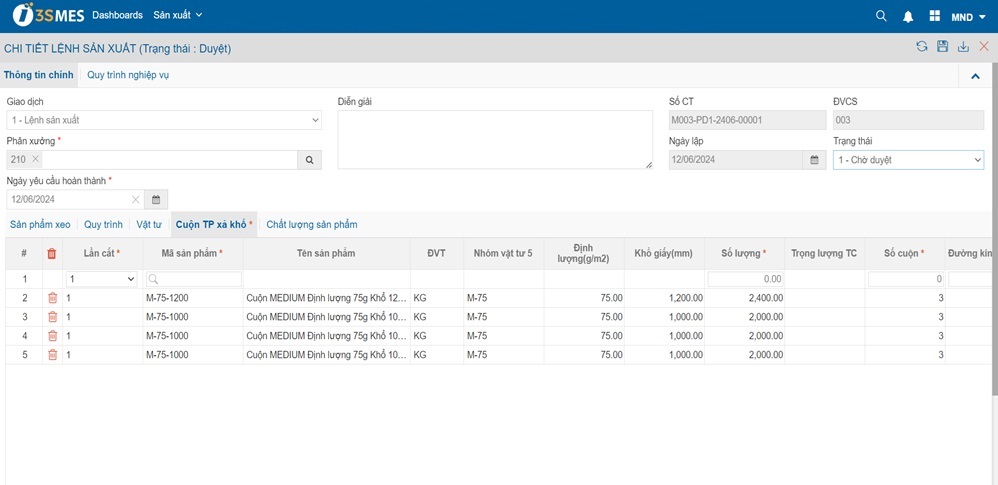 Giao diện quản lý chi tiết lệnh sản xuất trên 3S MES