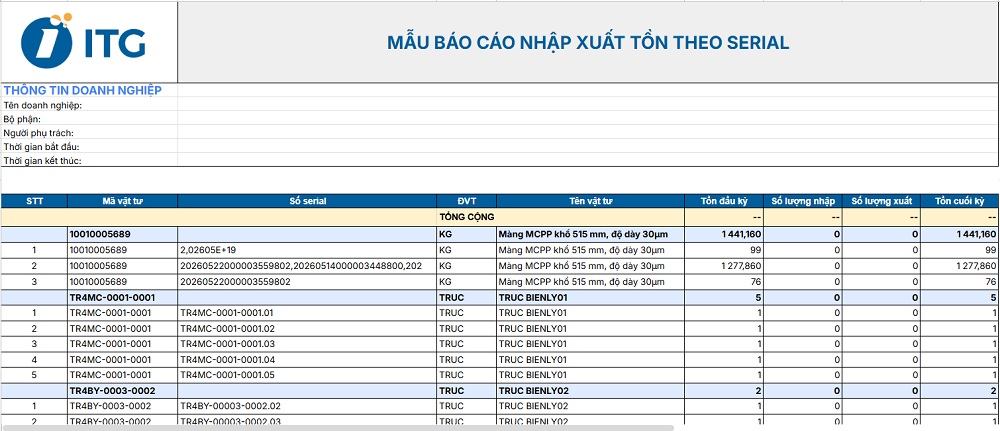 Mẫu file Excel báo cáo nhập xuất tồn theo serial