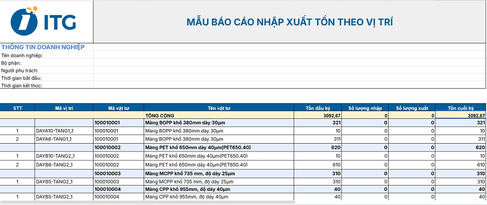 Mẫu file Excel báo cáo nhập xuất tồn theo vị trí