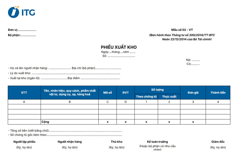 Mẫu phiếu xuất kho bằng Excel