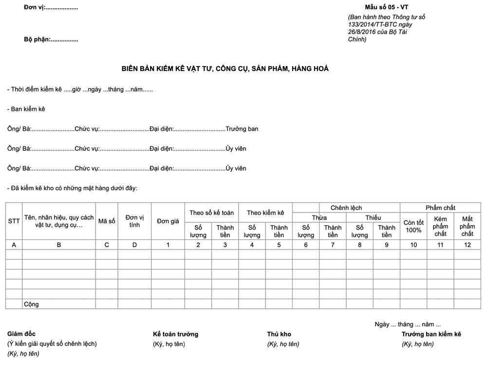 Mẫu biên bản kiểm kê hàng tồn kho theo thông tư 133 Mẫu biên bản kiểm kê hàng tồn kho theo thông tư 133
