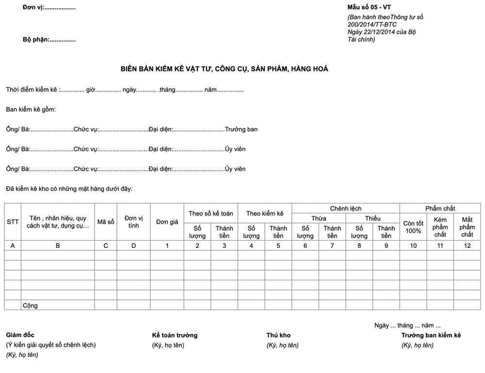 Mẫu biên bản kiểm kê hàng tồn kho file Excel, Word mới nhất 4 Mẫu biên bản kiểm kê hàng tồn kho theo thông tư 200