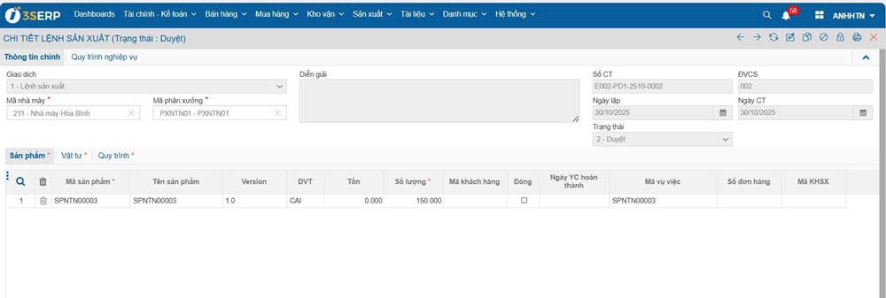 Bảng theo dõi lệnh sản xuất chi tiết trong 3S ERP