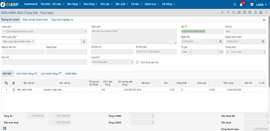 Giao diện tính năng đơn hàng mua trong phân hệ mua hàng