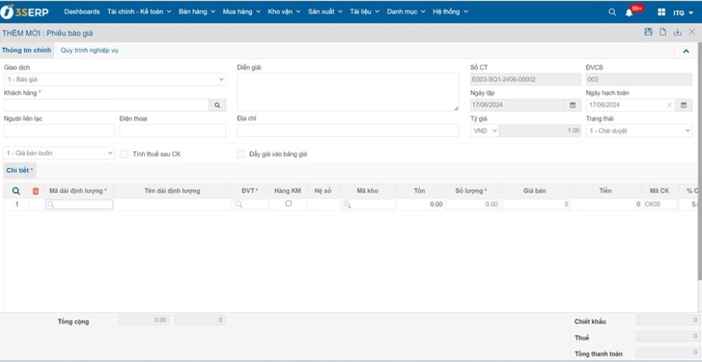 Tính năng tạo phiếu báo giá trên module bán hàng của 3S ERP