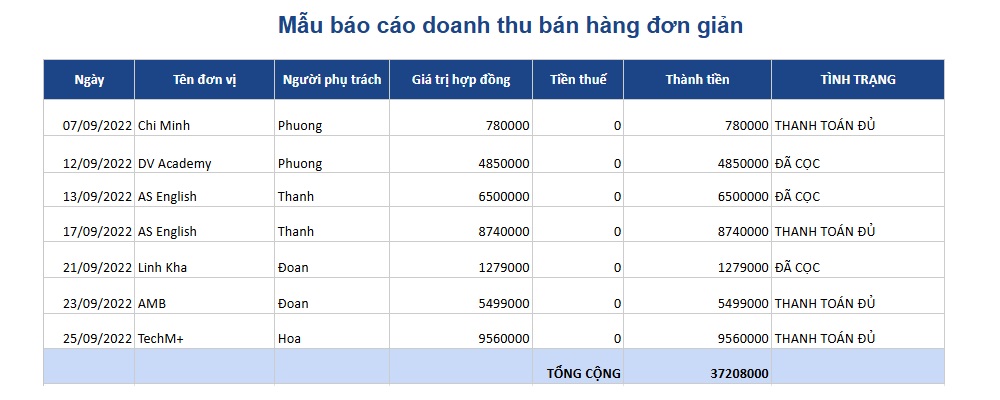 Mẫu báo cáo doanh thu bán hàng bằng Excel đơn giản
