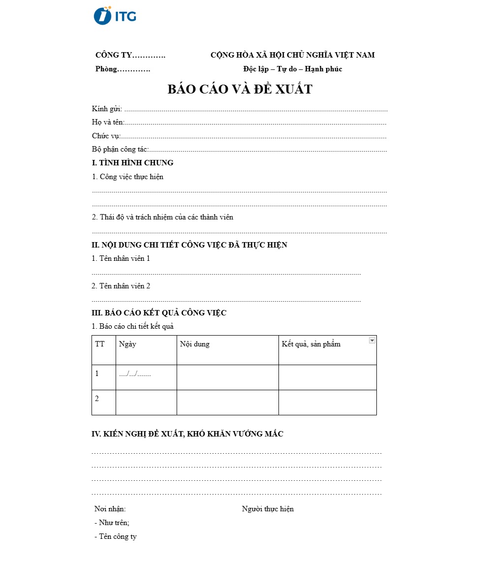 Mẫu báo cáo công việc dành cho cấp quản lý