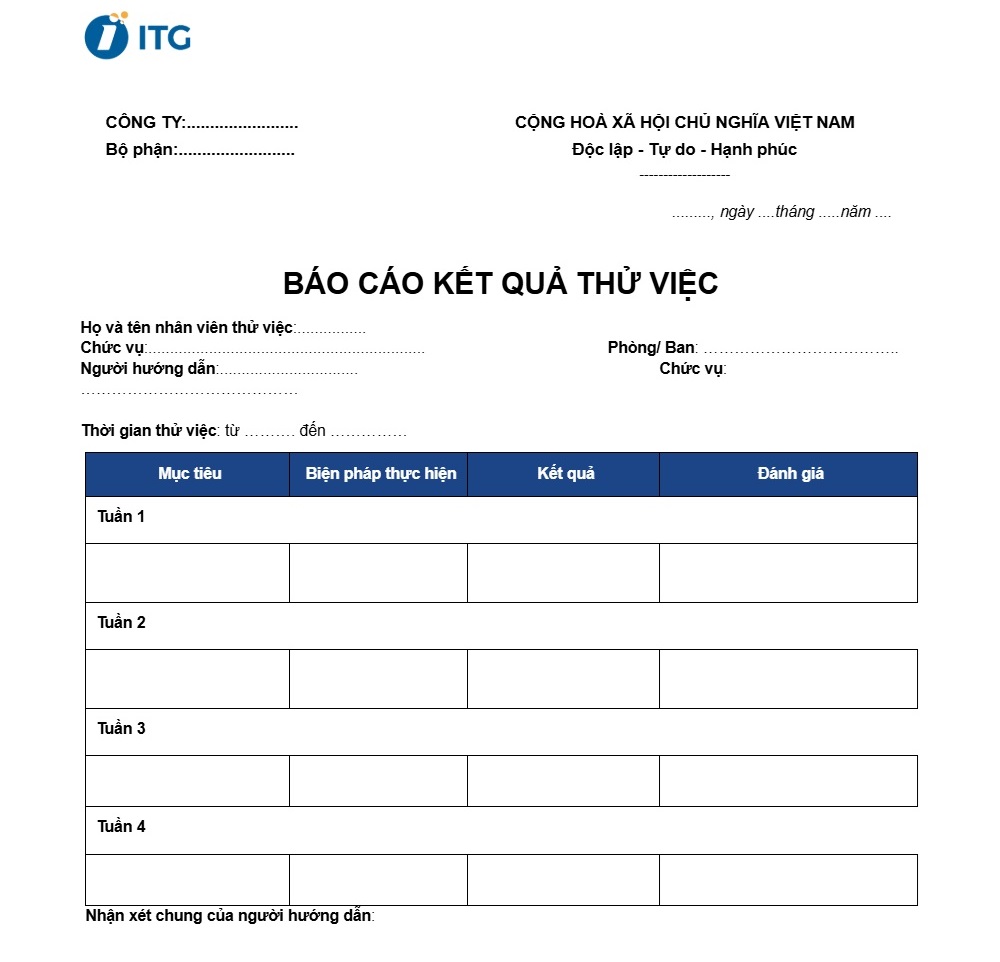 Mẫu báo cáo kết quả thử việc