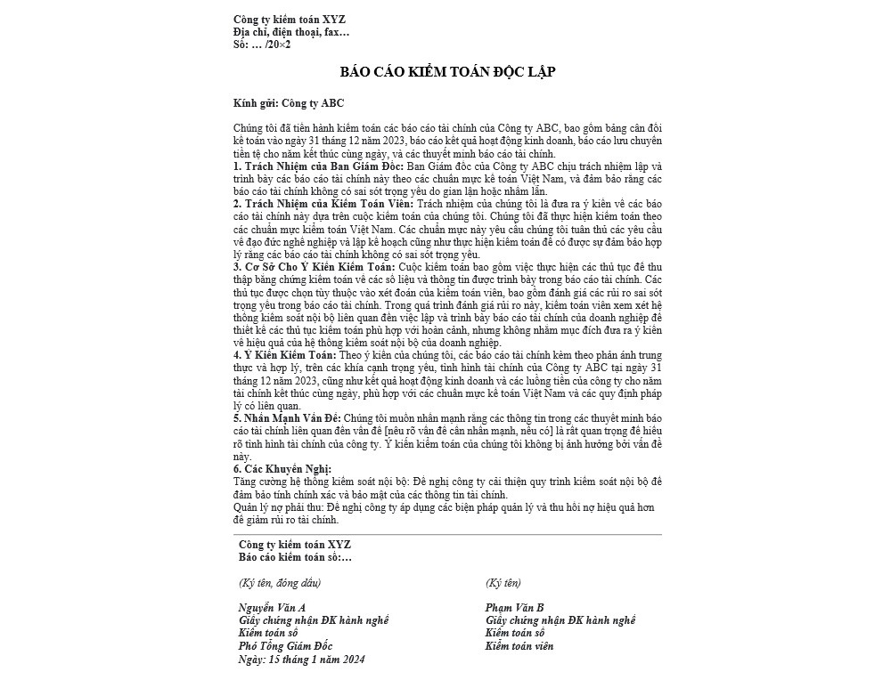 Mẫu báo cáo kiểm toán mới nhất