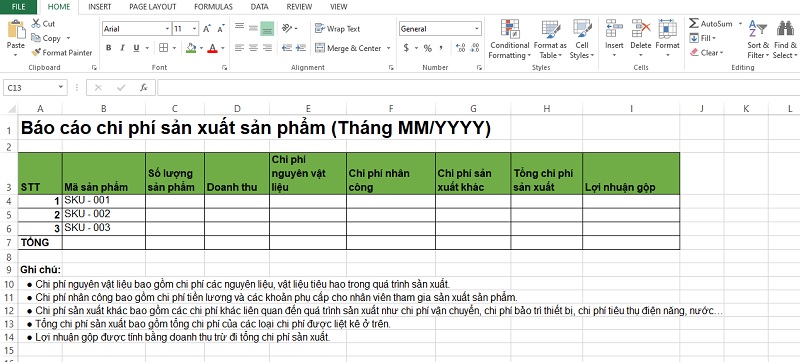 Mẫu báo cáo chi phí sản xuất