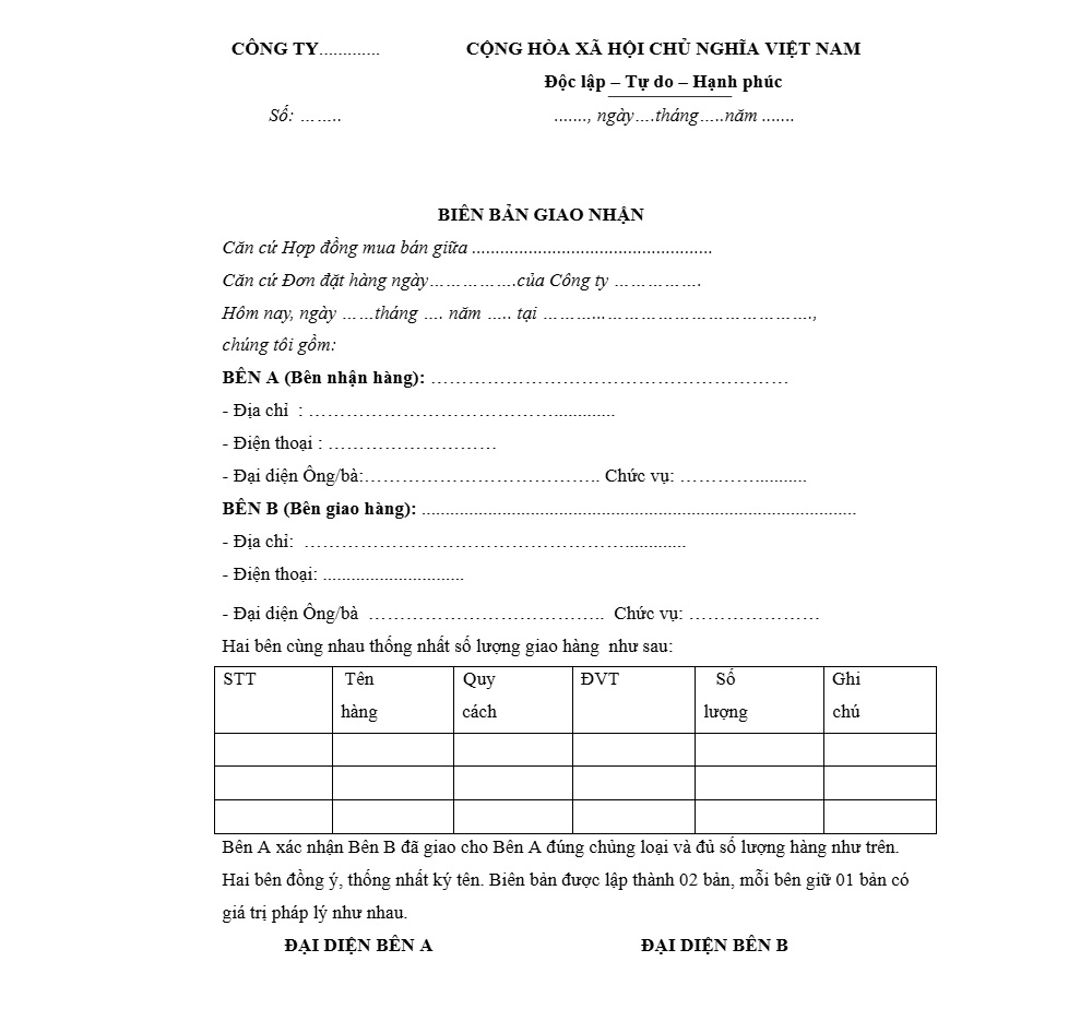 Mẫu biên bản giao nhận hàng hóa đơn giản
