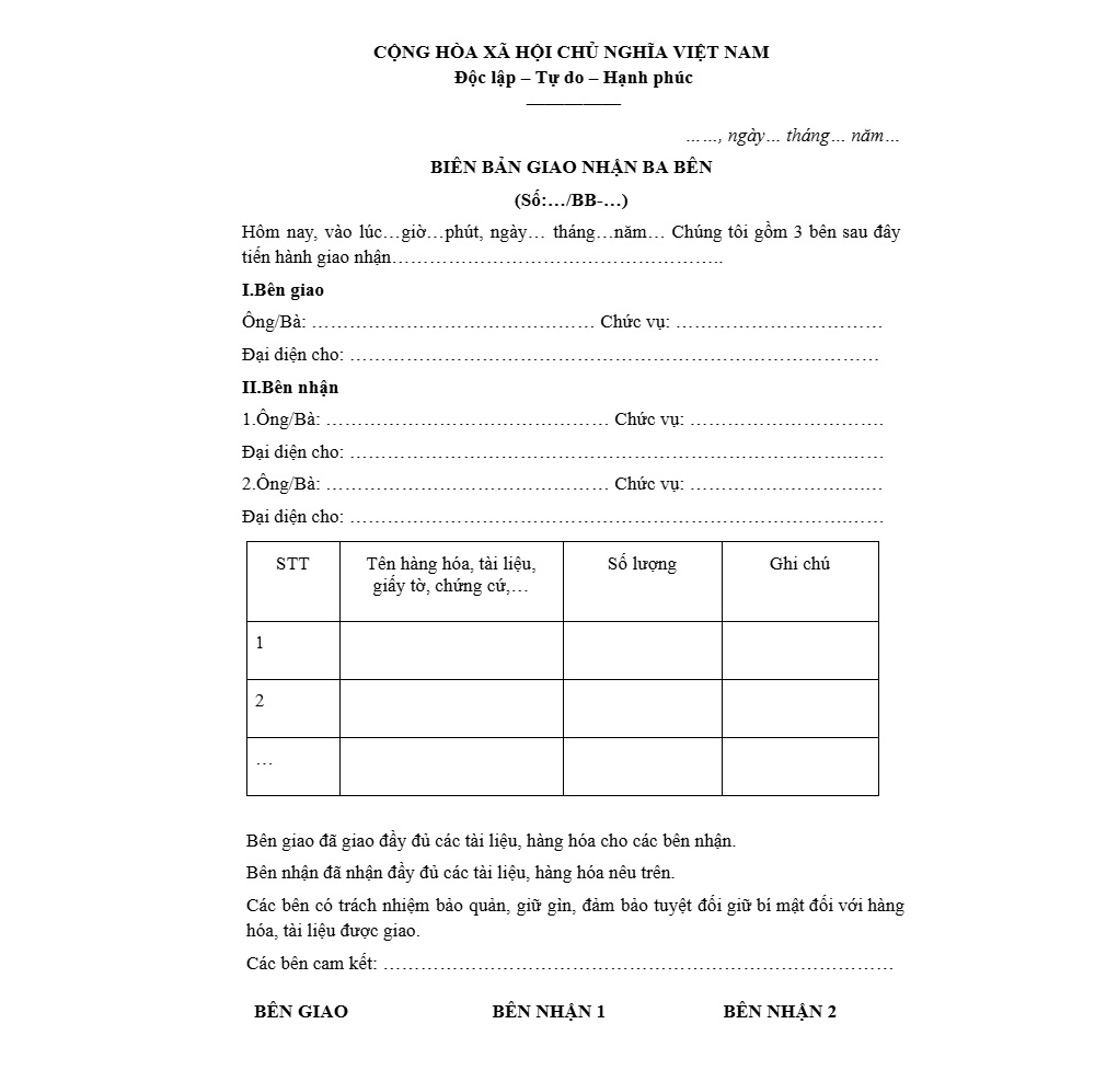 Mẫu biên bản giao nhận hàng hóa ba bên