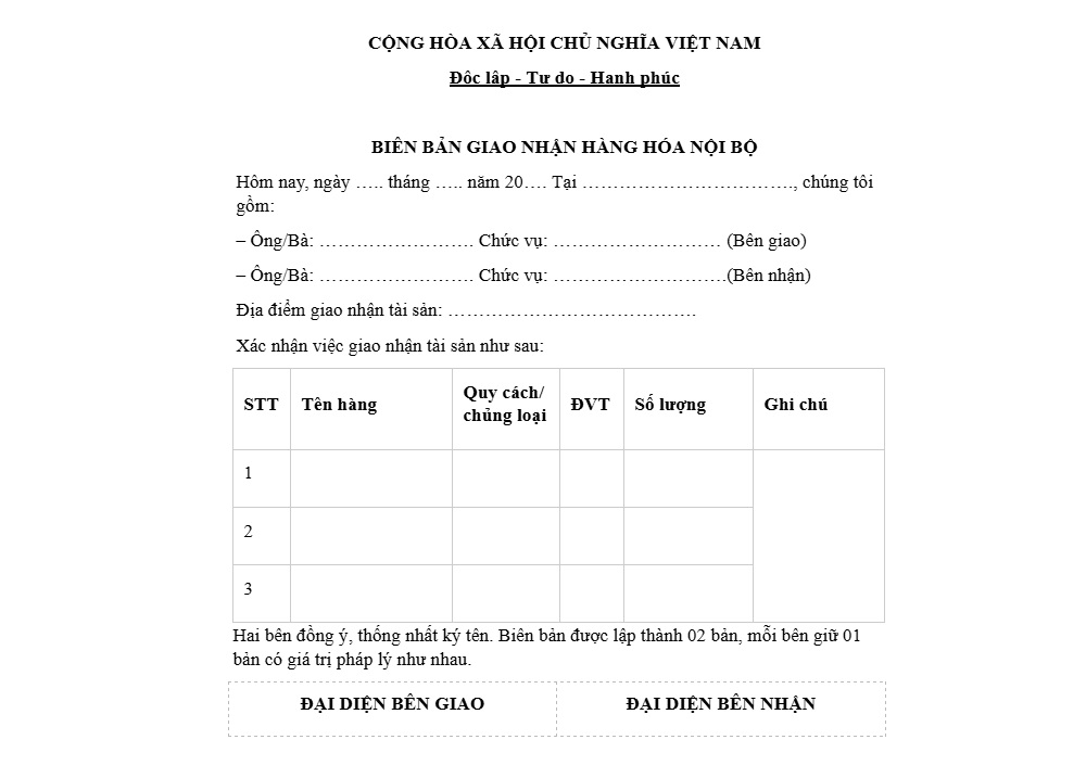 Mẫu biên bản giao nhận hàng hóa nội bộ