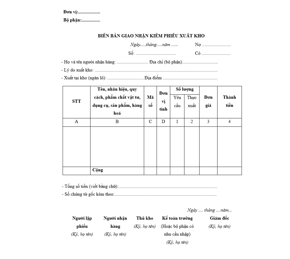 Mẫu biên bản giao nhận hàng hóa kiêm phiếu xuất kho