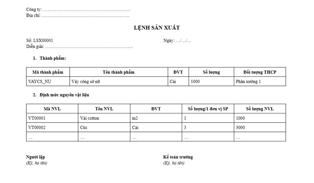 Mẫu lệnh sản xuất chi tiết