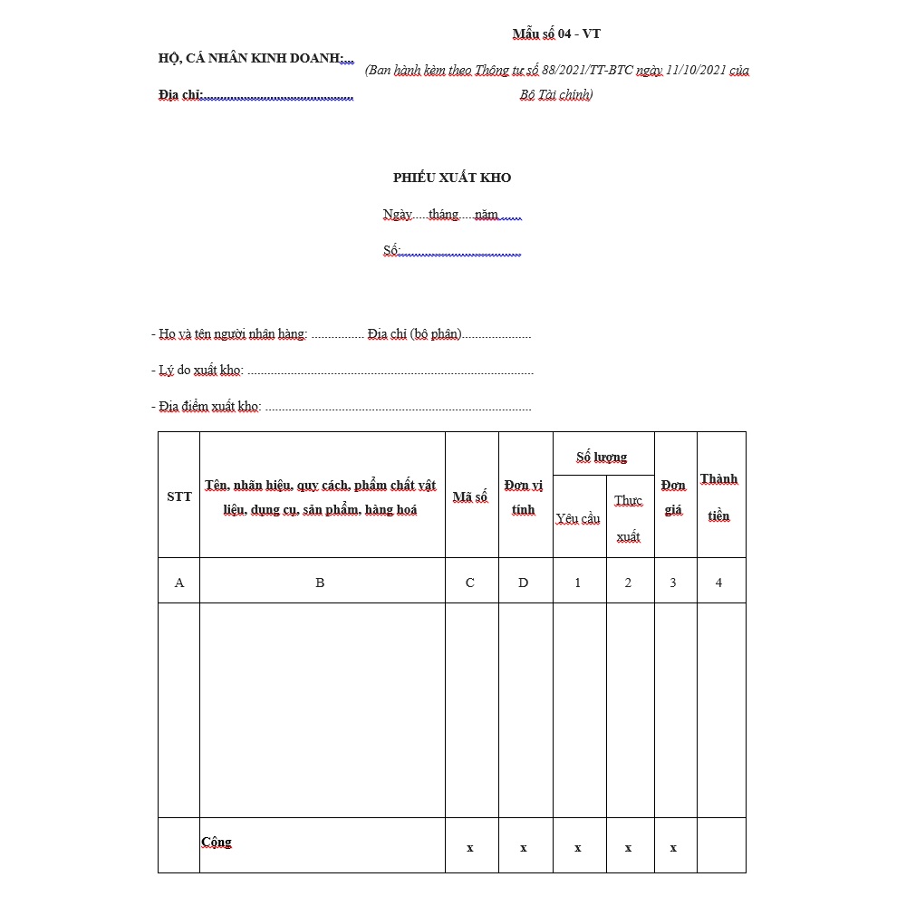 Mẫu phiếu xuất kho theo thông tư 88