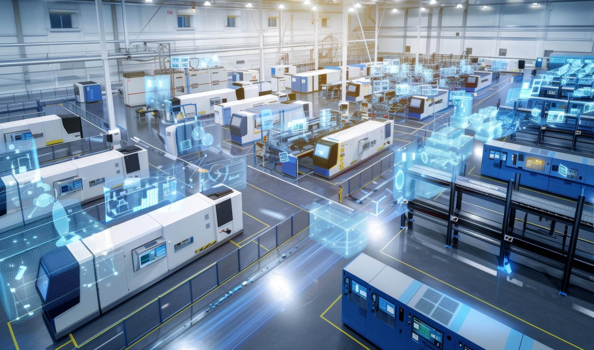 High-Tech Factory Floor with IoT Devices and Automated Machines Demonstrating Modern Production Processes